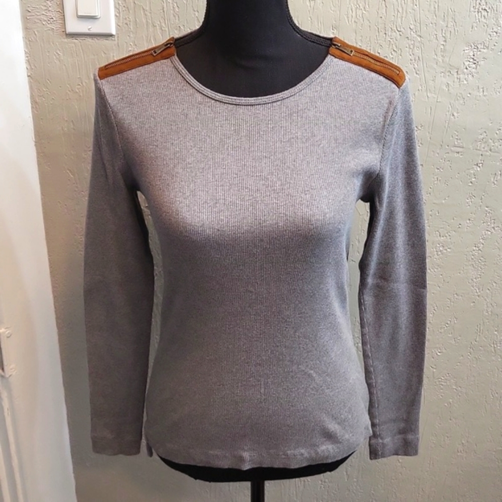 Lauren Ralph Lauren Ribbed Top w/ Suede and Zipper Shoulders
